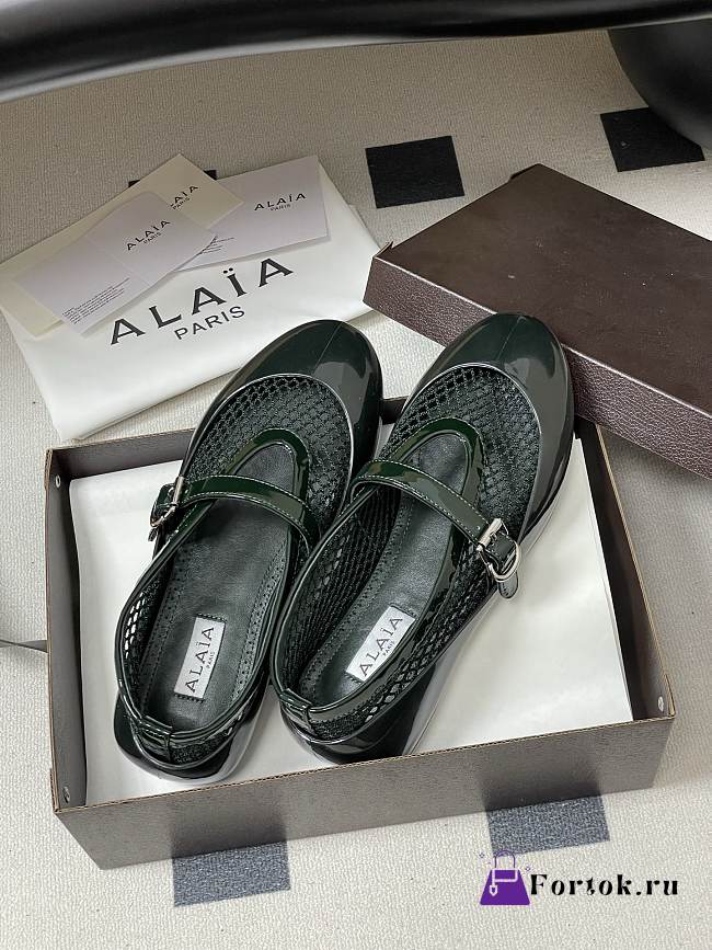 Fortok Alaïa mesh and patent-leather trimmed ballet flats Green - 1