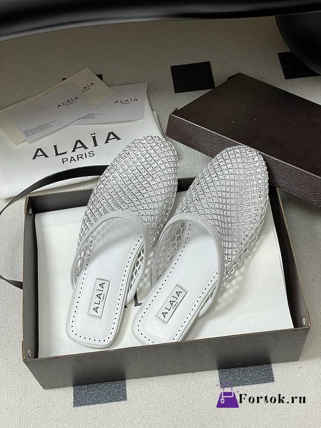 Fortok Alaïa fishnet mesh flat mules White  - 1