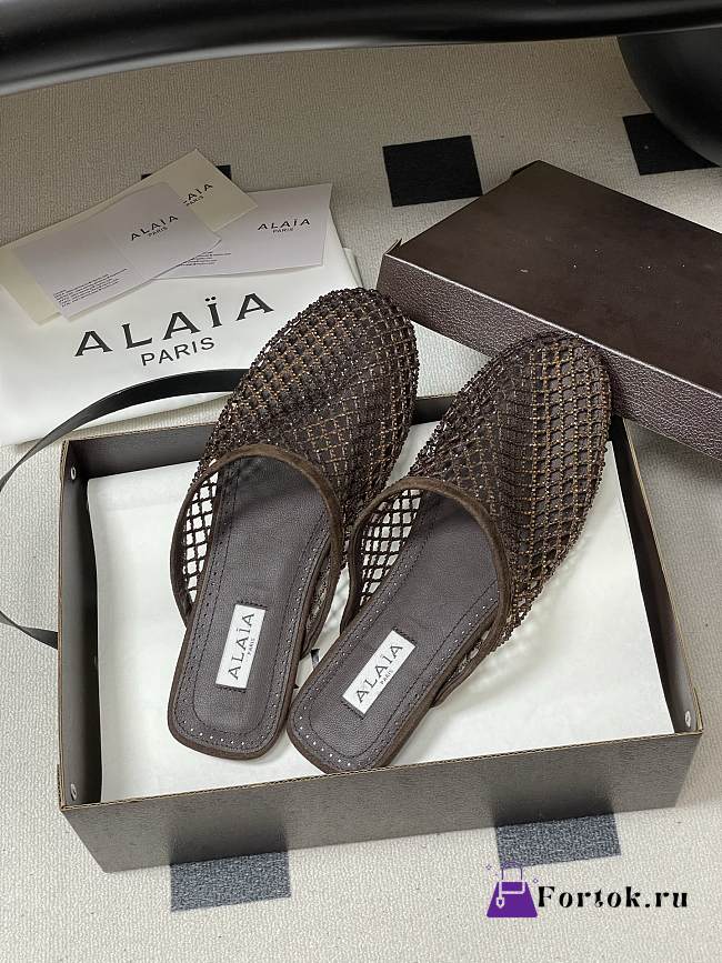 Fortok Alaïa fishnet mesh flat mules Chocolate Brown - 1