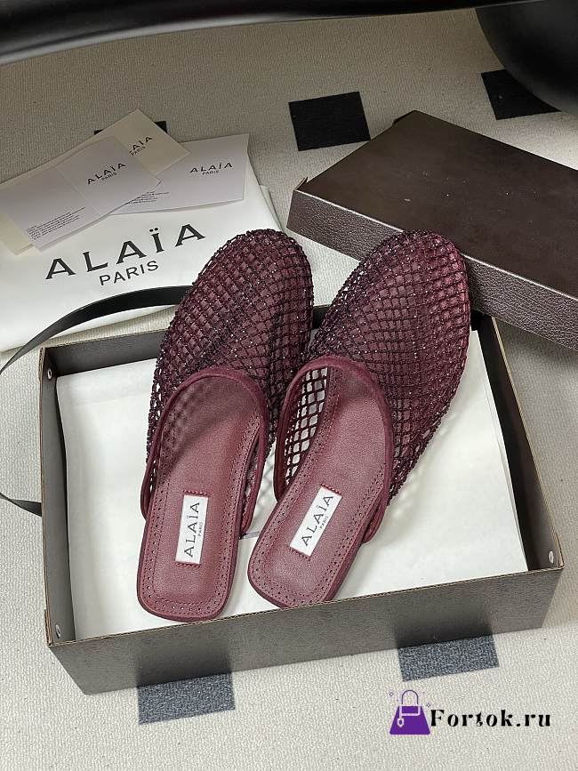 Fortok Alaïa fishnet mesh flat mules Burgundy - 1