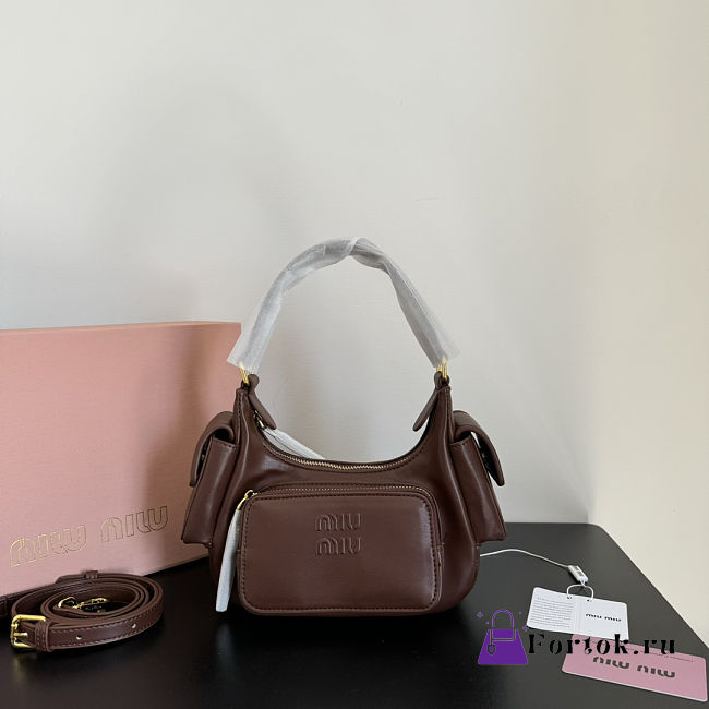 Fortok Miu Miu Nappa Leather Pocket Shoulder Bag Chocolate Brown 20×11×7cm - 1