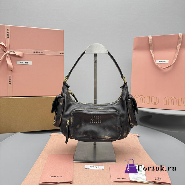Fortok Miu Miu Nappa Leather Pocket Shoulder Bag Black Mottled 20×11×7cm - 1