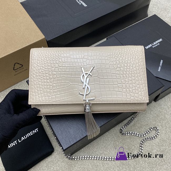 Fortok Saint Laurent Ysl Kate In Crocodile Leather Light Beige Silver Hardware 24x15x6cm - 1