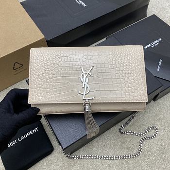 Fortok Saint Laurent Ysl Kate In Crocodile Leather Light Beige Silver Hardware 24x15x6cm