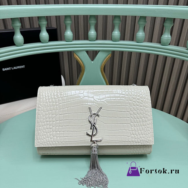 Fortok Saint Laurent Ysl Kate In Crocodile Leather White Silver Hardware 24x15x6cm - 1