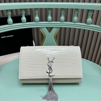 Fortok Saint Laurent Ysl Kate In Crocodile Leather White Silver Hardware 24x15x6cm