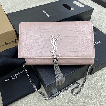Fortok Saint Laurent Ysl Kate In Crocodile Leather Light Pink Silver Hardware 24x15x6cm
