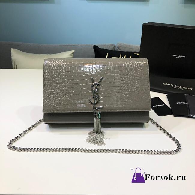 Fortok Saint Laurent Ysl Kate In Crocodile Leather Grey Silver Hardware 24x15x6cm - 1