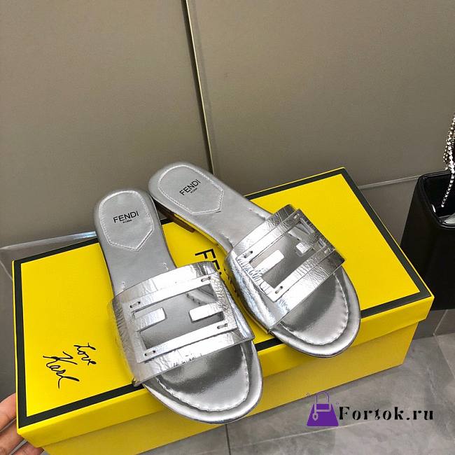 Fortok Fendi FF Logo-Patch Leather Slides Silver - 1