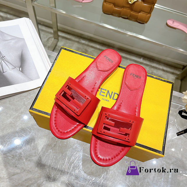 Fortok Fendi FF Logo-Patch Leather Slides Red - 1