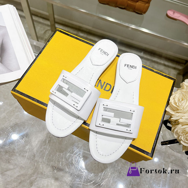 Fortok Fendi FF Logo-Patch Leather Slides White - 1