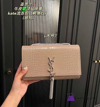 Fortok Saint Laurent Ysl Kate In Crocodile Leather Beige Silver Hardware 24x15x6cm