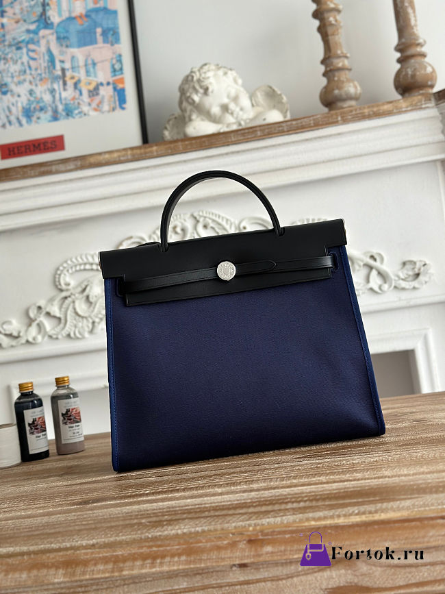 Fortok Hermès Herbag Zip bag in canvas Navy Blue 31cm - 1