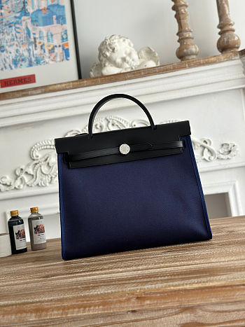 Fortok Hermès Herbag Zip bag in canvas Navy Blue 31cm