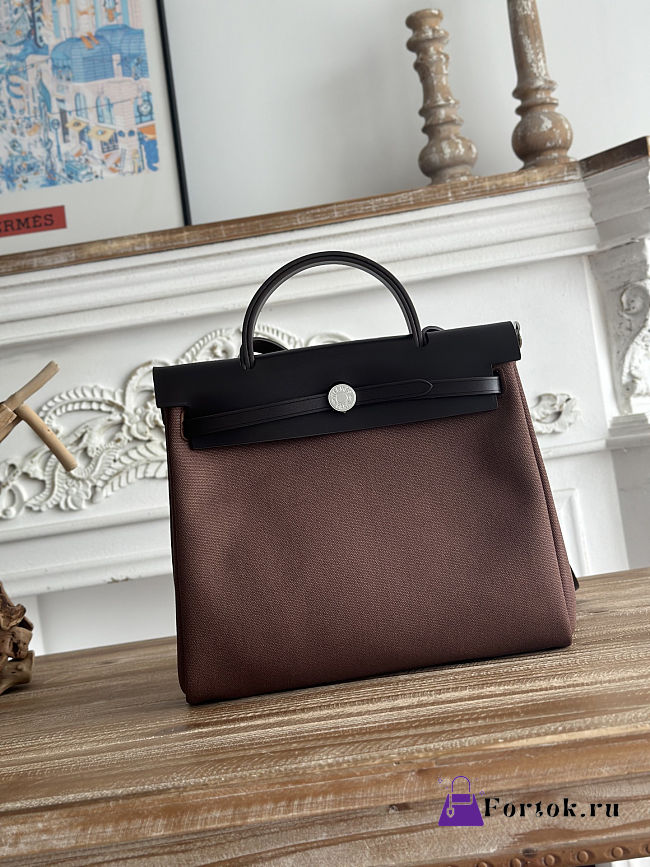 Fortok Hermès Herbag Zip bag in canvas Chocolate Brown 31cm - 1