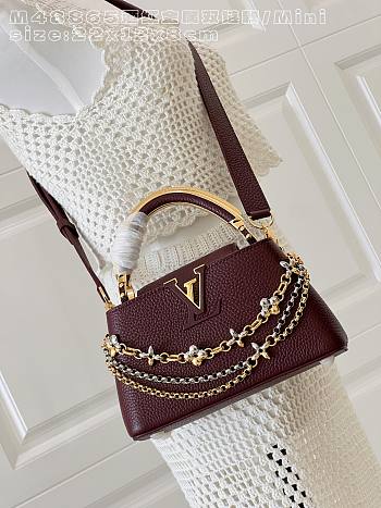 Fortok Louis Vuitton Capucines Mini bag a triple chain adornment Burgundy 22x12x8cm