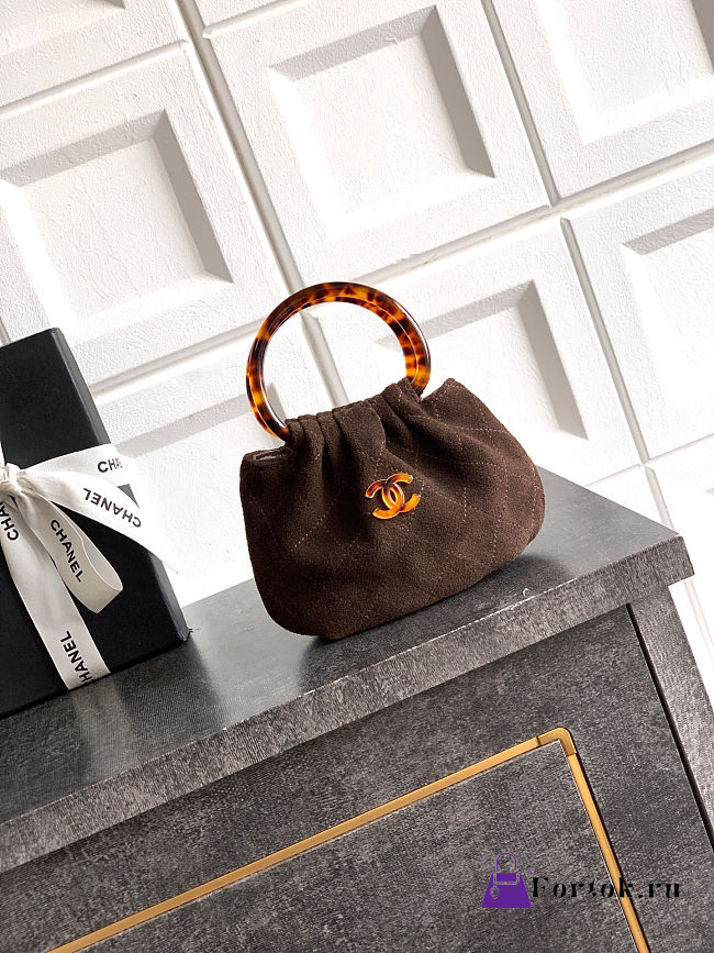 Fortok Chanel Mini Drawstring Bag with Resin/Tortoiseshell Handle Suede Chocolate Brown 9x12x5cm - 1
