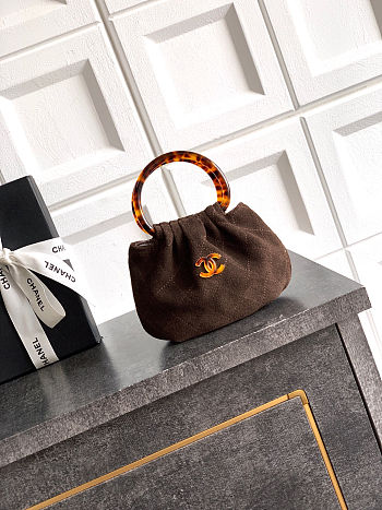 Fortok Chanel Mini Drawstring Bag with Resin/Tortoiseshell Handle Suede Chocolate Brown 9x12x5cm