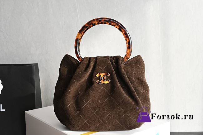 Fortok Chanel Drawstring Bag with Resin/Tortoiseshell Handle Suede Chocolate Brown 24x18x12cm  - 1