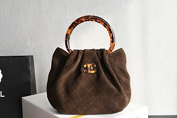 Fortok Chanel Drawstring Bag with Resin/Tortoiseshell Handle Suede Chocolate Brown 24x18x12cm 