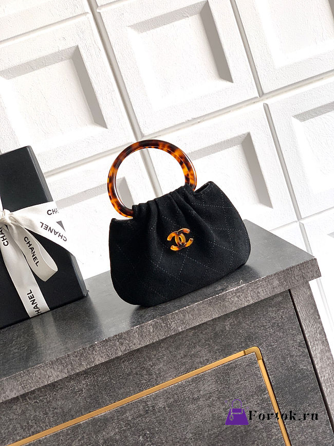 Fortok Chanel Mini Drawstring Bag with Resin/Tortoiseshell Handle Suede Black 9x12x5cm - 1