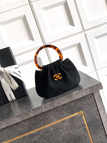 Fortok Chanel Mini Drawstring Bag with Resin/Tortoiseshell Handle Suede Black 9x12x5cm