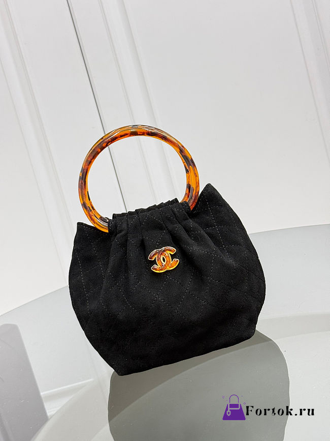 Fortok Chanel Drawstring Bag with Resin/Tortoiseshell Handle Suede Black 24x18x12cm - 1