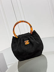 Fortok Chanel Drawstring Bag with Resin/Tortoiseshell Handle Suede Black 24x18x12cm - 1