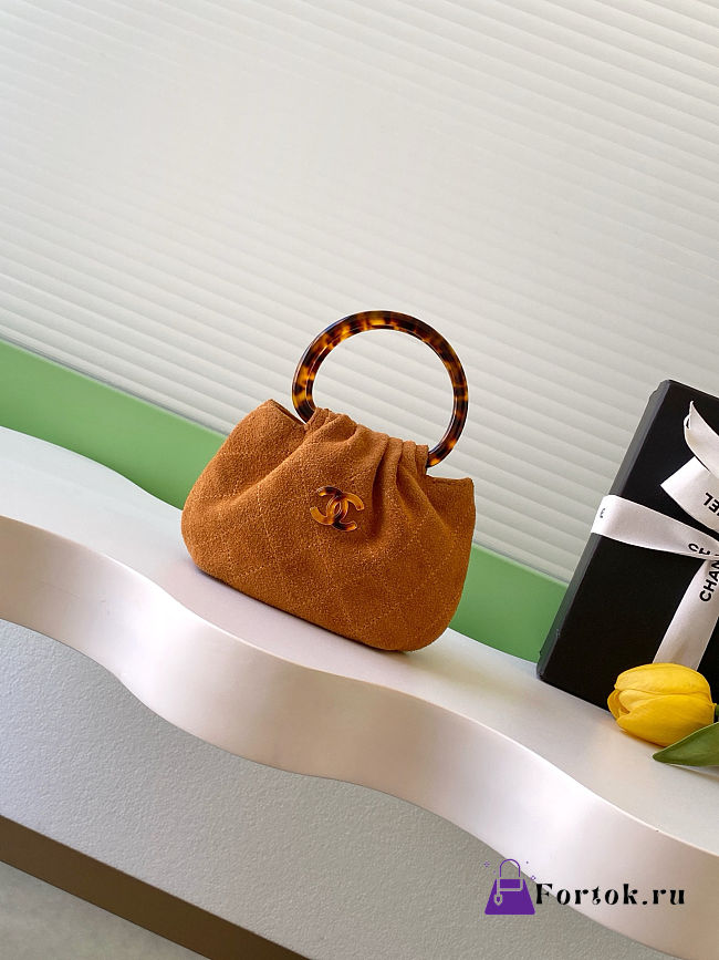 Fortok Chanel Mini Drawstring Bag with Resin/Tortoiseshell Handle Suede Brown 9x12x5cm - 1