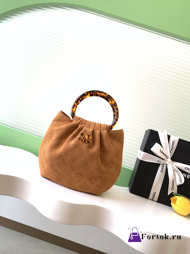 Fortok Chanel Drawstring Bag with Resin/Tortoiseshell Handle Suede Brown 24x18x12cm - 1