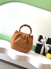 Fortok Chanel Drawstring Bag with Resin/Tortoiseshell Handle Suede Brown 24x18x12cm - 1