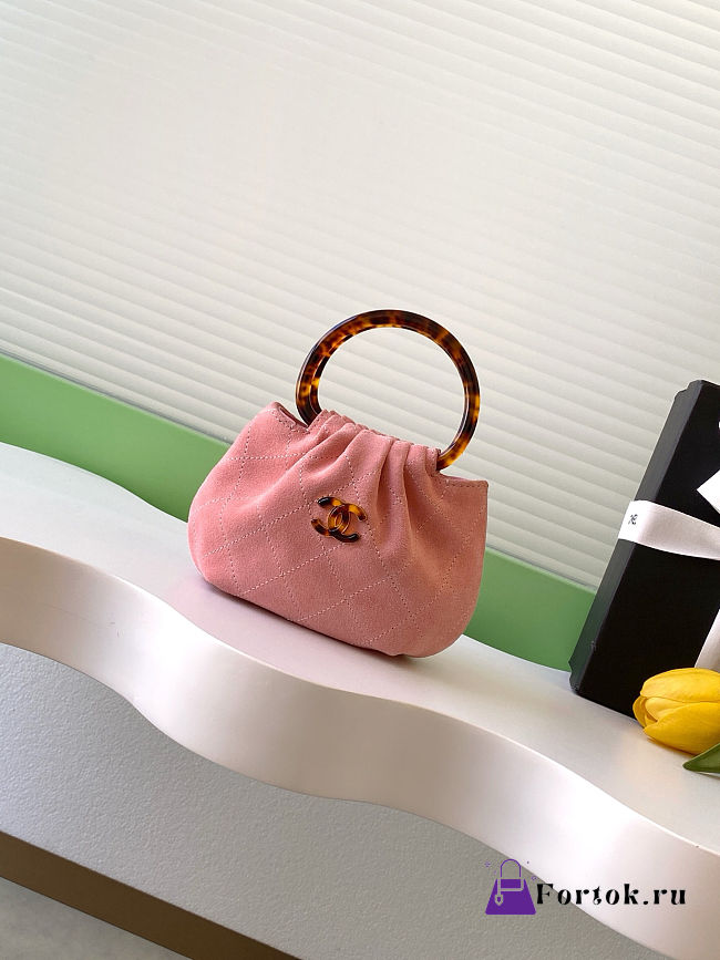 Fortok Chanel Mini Drawstring Bag with Resin/Tortoiseshell Handle Suede Pink 9x12x5cm - 1