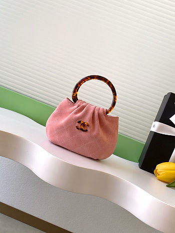 Fortok Chanel Mini Drawstring Bag with Resin/Tortoiseshell Handle Suede Pink 9x12x5cm