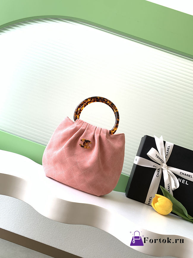 Fortok Chanel Drawstring Bag with Resin/Tortoiseshell Handle Suede Pink 24x18x12cm - 1
