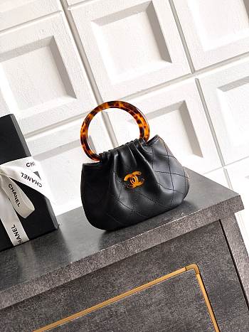 Fortok Chanel Mini Drawstring Bag with Resin/Tortoiseshell Handle Leather Black 9x12x5cm