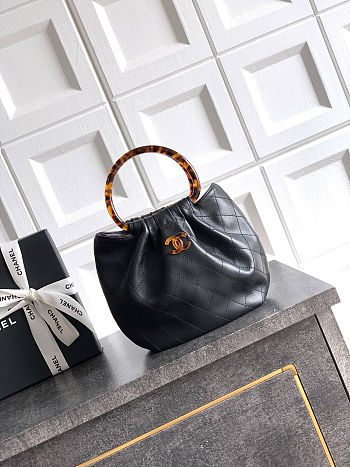 Fortok Chanel Drawstring Bag with Resin/Tortoiseshell Handle Leather Black 24x18x12cm