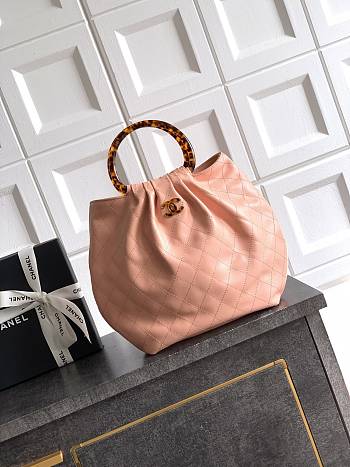 Fortok Chanel Mini Drawstring Bag with Resin/Tortoiseshell Handle Leather Salmon Pink 26x32x14cm