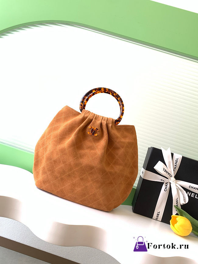 Fortok Chanel Mini Drawstring Bag with Resin/Tortoiseshell Handle Suede Brown 26x32x14cm - 1