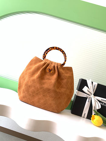 Fortok Chanel Mini Drawstring Bag with Resin/Tortoiseshell Handle Suede Brown 26x32x14cm