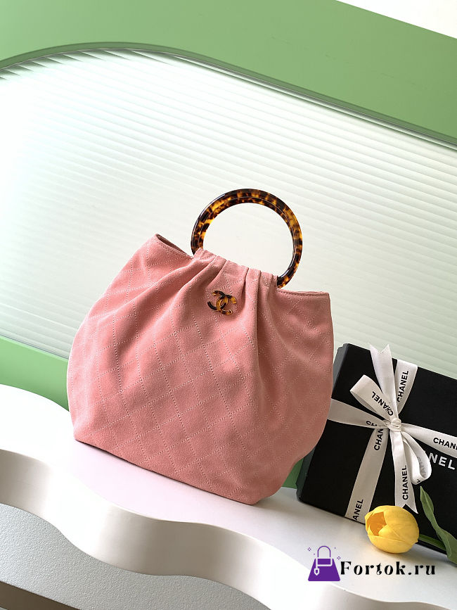 Fortok Chanel Mini Drawstring Bag with Resin/Tortoiseshell Handle Suede Pink 26x32x14cm - 1
