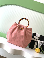 Fortok Chanel Mini Drawstring Bag with Resin/Tortoiseshell Handle Suede Pink 26x32x14cm - 1