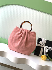 Fortok Chanel Mini Drawstring Bag with Resin/Tortoiseshell Handle Suede Pink 26x32x14cm - 3
