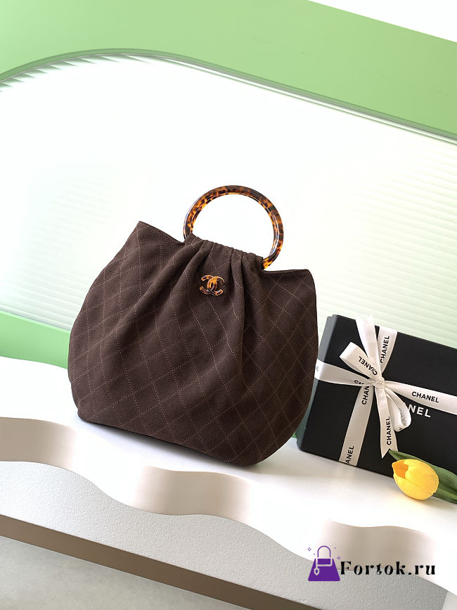 Fortok Chanel Mini Drawstring Bag with Resin/Tortoiseshell Handle Suede Chocolate Brown 26x32x14cm - 1