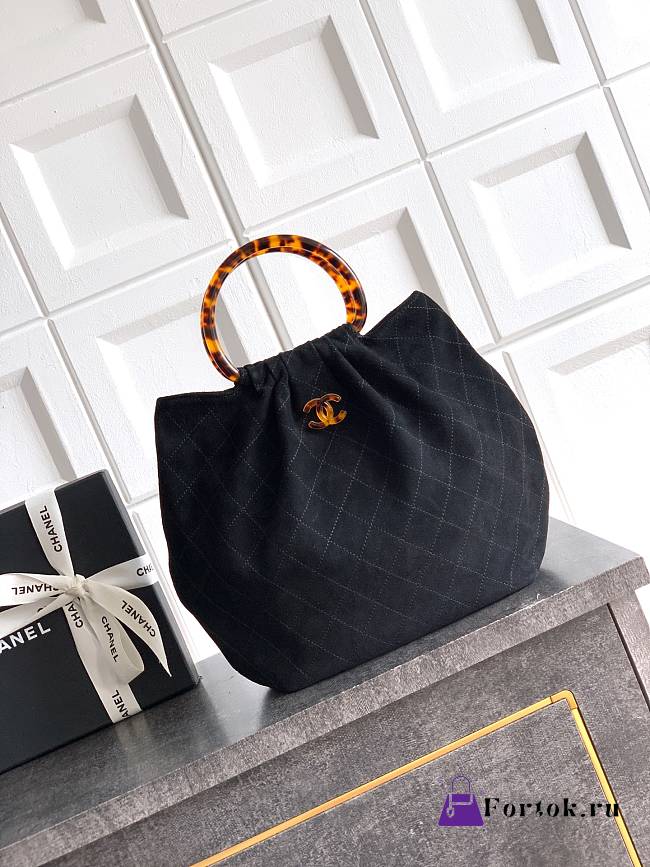 Fortok Chanel Mini Drawstring Bag with Resin/Tortoiseshell Handle Suede Black 26x32x14cm - 1