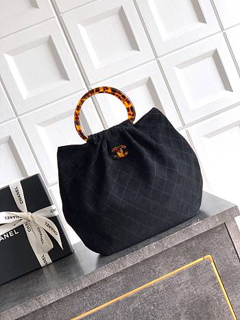 Fortok Chanel Mini Drawstring Bag with Resin/Tortoiseshell Handle Suede Black 26x32x14cm
