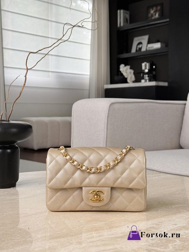 Fortok Chanel Flap Bag Caviar Light Gold Mini Bag 12x20x6cm - 1