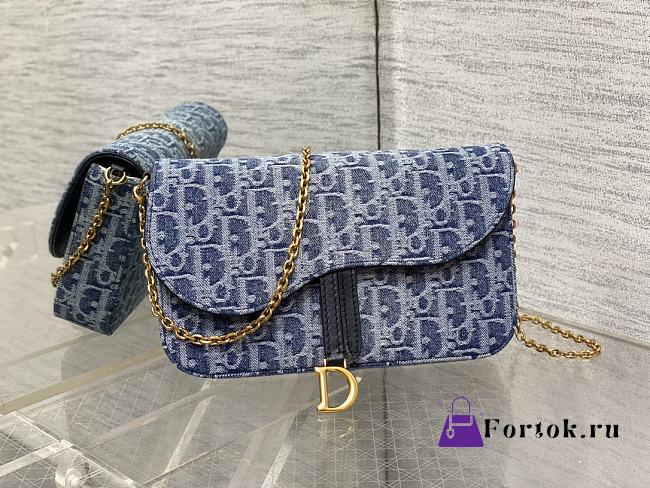 Fortok Dior Saddle Pouch with Chain in blue denim Dior Oblique jacquard 21.5*12.5*3.7cm - 1