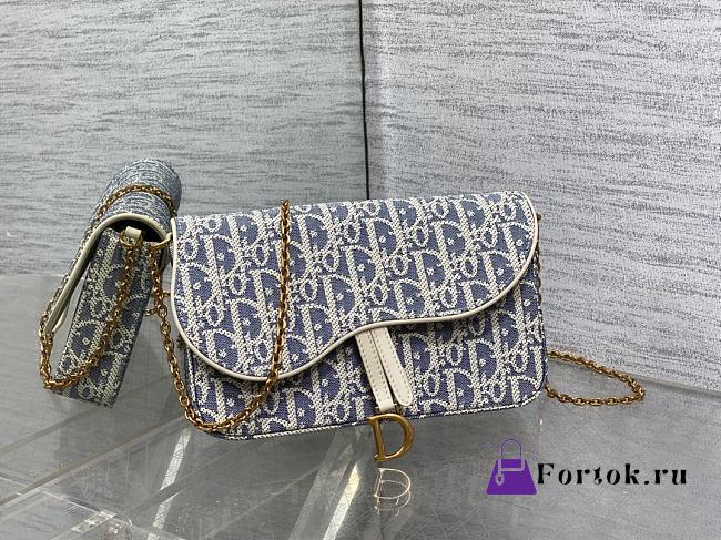 Fortok Dior Saddle Pouch with Chain in blue Dior Oblique jacquard 21.5*12.5*3.7cm - 1