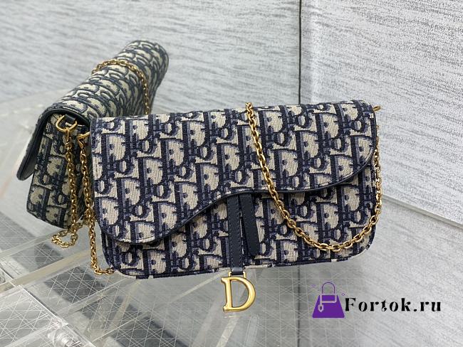 Fortok Dior Saddle Pouch with Chain in blue canvas Dior Oblique jacquard 21.5*12.5*3.7cm - 1