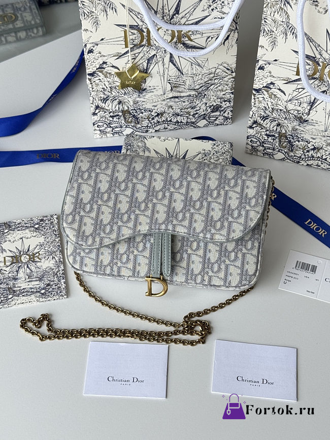 Fortok Dior Saddle Pouch with Chain in White canvas Dior Oblique jacquard 21.5*12.5*3.7cm - 1